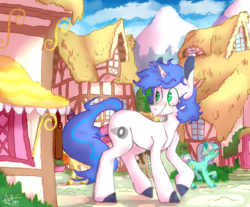 Size: 2324x1927 | Tagged: safe, artist:keursh29, doctor whooves, lyra heartstrings, time turner, oc, pony, unicorn, g4, building, looking at you, male, ponyville, raised hoof, requested art, stallion