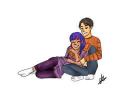 Size: 800x622 | Tagged: safe, artist:celesterui, twilight sparkle, human, spiders and magic: rise of spider-mane, g4, blushing, clothes, commission, couple, crossover, crossover shipping, cuddling, happy, holding hands, humanized, male, peter parker, shipping, simple background, snuggling, socks, spider-man, spidertwi, straight
