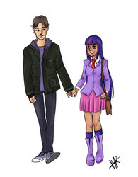 Size: 600x771 | Tagged: safe, artist:celesterui, twilight sparkle, human, spiders and magic: rise of spider-mane, g4, boots, clothes, commission, couple, crossover, crossover shipping, high heel boots, holding hands, humanized, jacket, male, peter parker, shipping, shoes, simple background, skirt, sneakers, spider-man, spidertwi, straight