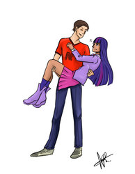 Size: 600x772 | Tagged: safe, artist:celesterui, twilight sparkle, human, g4, boots, bridal carry, carrying, clothes, commission, couple, crossover, crossover shipping, hand on chest, happy, high heel boots, humanized, male, peter parker, shipping, shoes, skirt, sneakers, spider-man, spiders and magic: rise of spider-mane, spidertwi, straight