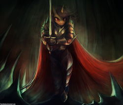 Size: 1190x1021 | Tagged: safe, artist:foxinshadow, oc, oc only, unicorn, vampire, anthro, armor, cape, clothes, evil, red eyes, solo, sword