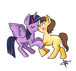 Size: 793x737 | Tagged: safe, artist:celesterui, twilight sparkle, alicorn, pony, g4, blushing, crossover, crossover shipping, kissing, male, peter parker, shipping, simple background, spider-man, spidertwi, straight, surprise kiss, surprised, twilight sparkle (alicorn), white background