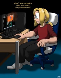 Size: 1010x1280 | Tagged: safe, artist:catmonkshiro, part of a set, oc, oc only, human, blonde hair, chair, computer, computer mouse, desk, dialogue, human male, human to pony, imminent transformation, indoors, keyboard, light skin, male, monitor, office chair, solo, transformation