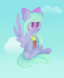 Size: 2800x3360 | Tagged: safe, artist:php54, flitter, pegasus, pony, g4, bow, cloud, female, food, heart eyes, high res, popcorn, solo, wingding eyes