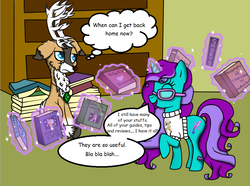 Size: 870x646 | Tagged: safe, artist:purpleloverpony, oc, oc only, oc:amethyst quill, oc:tyandaga, book, bookshelf, clothes, contest entry, dialogue, eyes closed, glasses, magic, non-pony oc, open mouth, raised hoof, sitting, speech bubble, sweater