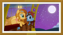 Size: 1280x720 | Tagged: safe, artist:misteraibo, oc, oc only, oc:copper lightning, oc:rose aether, earth pony, original species, pony, scented pony, airship, animated, candle, eyes closed, female, fire, gif, goggles, male, mare, memory lane pictures, moon, mountain, night, stallion