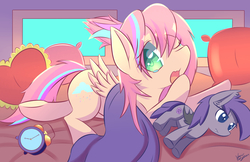 Size: 1190x770 | Tagged: safe, artist:kawaiipony2, oc, oc only, oc:sweet skies, oc:violet rose, bat pony, pegasus, pony, alarm clock, bed, blanket, clock, commission, cute, female, looking at you, mare, ocbetes, one eye closed, pillow, plushie, prone, solo, underhoof, waking up, yawn, ych result