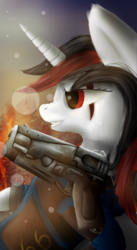 Size: 1231x2251 | Tagged: safe, artist:quefortia, oc, oc only, oc:blackjack, pony, unicorn, fallout equestria, fallout equestria: project horizons, 10mm pistol, armor, clothes, fanfic, fanfic art, female, gun, handgun, hooves, horn, jumpsuit, mare, pistol, security armor, solo, vault security armor, vault suit, weapon