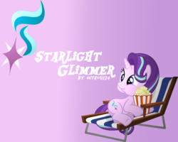 Size: 1280x1024 | Tagged: safe, artist:octavi1124, starlight glimmer, pony, unicorn, g4, beach chair, chair, female, food, gradient background, lying down, mare, popcorn, puffy cheeks, solo, wallpaper