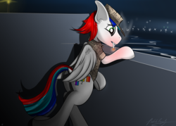 Size: 4200x3000 | Tagged: safe, artist:raptorpwn3, oc, oc only, oc:pedals, pegasus, pony, boat, bored, cigarette, deployment, female, high res, marines, navy, night, ship, smoking, solo, trans female, transgender, water