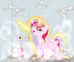 Size: 4138x3484 | Tagged: safe, artist:raspberrystudios, oc, oc only, oc:aurelia charm, alicorn, pony, alicorn oc, eyes closed, high res, magic, magic aura, shower, singing, singing in the shower, solo, steam, wet