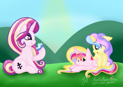 Size: 4950x3510 | Tagged: safe, artist:raspberrystudios, oc, oc only, oc:aurelia charm, oc:glitter charm, alicorn, butterfly, pony, absurd resolution, alicorn oc, family, family bonding, mother, scenery, sisters