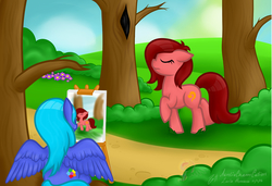 Size: 4669x3195 | Tagged: safe, artist:raspberrystudios, oc, oc only, oc:adorabubble, oc:tamey, earth pony, pegasus, pony, art trade, canvas, forest, high res, painting, shading, spread wings, tree, woodlands