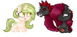 Size: 4018x1942 | Tagged: safe, artist:raspberrystudios, oc, oc only, dragon, pony, unicorn, chibi, cute, eye contact, female, high res, looking at each other, mare, piercing, simple background, smolpone, tailmouth, transparent background