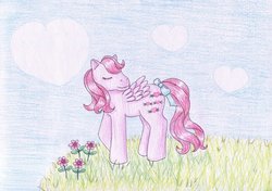 Size: 1024x721 | Tagged: safe, artist:normaleeinsane, heart throb, pony, g1, eyes closed, female, flower, grass, solo, traditional art