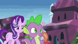 Size: 700x394 | Tagged: safe, screencap, atticus, cherry valley, crystal varado, rose quartz, spike, starlight glimmer, toastie, crystal pony, dragon, pony, g4, the crystalling, animated, female, filly, gif, male, mare, scroll, stallion, subtitles