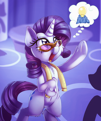 Size: 2000x2387 | Tagged: safe, artist:discorded, rarity, pony, belly button, bipedal, carousel boutique, chest fluff, cute, female, glasses, idea, lightbulb, measuring tape, open mouth, raised hoof, smiling, solo, thought bubble