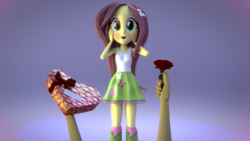 Size: 3840x2160 | Tagged: safe, artist:efk-san, fluttershy, equestria girls, g4, 3d, alternate hairstyle, blushing, boots, box of chocolates, clothes, flower, fluttershy's skirt, high heel boots, high res, offscreen character, rose, skirt, socks, valentine's day