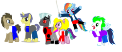 Size: 1805x769 | Tagged: artist needed, safe, aria blaze, comet tail, doctor whooves, rainbow dash, soarin', thunderlane, time turner, earth pony, pony, g4, 1000 hours in ms paint, captain boomerang, clothes, cosplay, costume, dc extended universe, deadshot, diablo (series), earth pony aria blaze, equestria girls ponified, harley quinn, katana, katana (dc comics), ponified, simple background, suicide squad, sword, the joker, transparent background, weapon