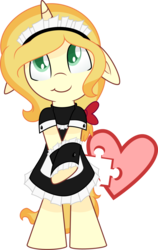 Size: 1024x1618 | Tagged: safe, artist:daydreamsyndrom, oc, oc only, oc:vive, pony, unicorn, bipedal, bow, clothes, cuffs (clothes), cute, cutie mark, cutie mark background, floppy ears, french maid, hair bow, heart, maid, simple background, smiling, solo, transparent background