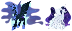 Size: 1718x734 | Tagged: safe, artist:egophiliac, nightmare moon, princess luna, alicorn, pony, g4, abstract background, dark side, duality, ethereal mane, light side, nicemare moon, raised hoof, sparkles, split personality, spread wings