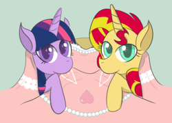 Size: 2500x1800 | Tagged: safe, artist:yinglung, sunset shimmer, twilight sparkle, alicorn, pony, unicorn, g4, bed, bedsheets, biting, duo, looking at you, twilight sparkle (alicorn)