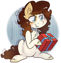 Size: 901x934 | Tagged: safe, artist:kyaokay, oc, oc only, oc:charlie, earth pony, pony, chest fluff, female, hoof hold, looking at something, mare, neckerchief, present, simple background, sitting, smiling, solo, transparent background