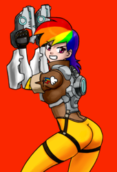 Size: 2000x2933 | Tagged: safe, artist:ixalon, artist:johnjoseco, color edit, edit, rainbow dash, human, g4, ass, butt, clothes, colored, female, high res, humanized, overwatch, rainbow tracer, rainbutt dash, red background, simple background, solo, tracer