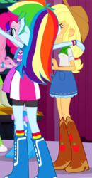 Size: 374x720 | Tagged: safe, screencap, applejack, pinkie pie, rainbow dash, equestria girls, g4, boots, bracelet, carousel boutique, clothes, cowboy boots, cropped, female, high heel boots, jewelry, socks