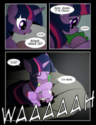 Size: 1275x1650 | Tagged: safe, artist:dsana, spike, twilight sparkle, dragon, pony, comic:to look after, g4, baby, baby dragon, comforting, comic, crying, cute, hug, mama twilight, nightmare, sleeping, spikabetes, twiabetes