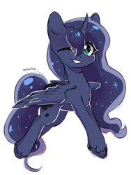 Size: 1024x1365 | Tagged: safe, artist:yanshiki, princess luna, pony, g4, female, one eye closed, simple background, smiling, solo, starry eyes, unshorn fetlocks, wingding eyes, wink