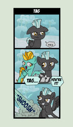 Size: 1024x1772 | Tagged: safe, artist:helmie-art, lightning dust, thunderlane, pegasus, pony, g4, ..., cloudsdale, comic, grin, male, shipping, smiling, straight, tag (game), thunderdust