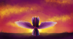 Size: 1024x554 | Tagged: safe, artist:nomearts, twilight sparkle, alicorn, pony, g4, female, solo, spread wings, sunset, twilight sparkle (alicorn), watermark