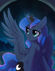 Size: 2340x3000 | Tagged: safe, artist:fensu-san, princess luna, alicorn, pony, g4, balcony, female, high res, missing accessory, mountain, night, sitting, solo, spread wings, stars, wings