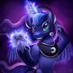 Size: 1200x1200 | Tagged: safe, artist:vittorionobile, princess luna, alicorn, pony, gamer luna, g4, controller, female, glowing horn, horn, magic, solo, telekinesis