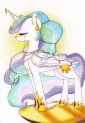 Size: 1024x1478 | Tagged: safe, artist:nomearts, princess celestia, pony, g4, crying, ear piercing, female, jewelry, necklace, piercing, solo, traditional art, watermark