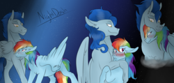 Size: 2726x1300 | Tagged: safe, artist:neonaarts, nightshade, rainbow dash, pegasus, pony, g4, blushing, female, grumpy, hug, lesbian, mare, shadowbolts, ship:rainbowshade, shipping, size difference, smiling, tsunderainbow, tsundere