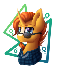 Size: 2500x3000 | Tagged: safe, artist:emberslament, artist:spirit-dude, sunburst, pony, unicorn, g4, abstract background, bust, clothes, collaboration, curved horn, glasses, head, high res, horn, looking at you, male, plaid shirt, portrait, shirt, simple background, smiling, solo, sunglasses, transparent background