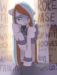 Size: 1449x1908 | Tagged: safe, artist:littlemoshi, oc, oc only, oc:waffles, pegasus, pony, broken glass, clothes, crying, dress, floppy ears, glass, hidden wings, maid, solo, writing