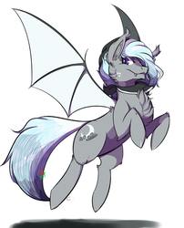 Size: 800x988 | Tagged: safe, artist:mirrorshardkoopa, artist:steamjen, oc, oc only, oc:stormy nights, bat pony, pony, beanie, chest fluff, ear fluff, fangs, fluffy, hat, simple background, solo, white background