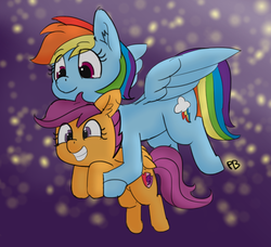 Size: 1280x1168 | Tagged: safe, artist:pabbley, color edit, edit, rainbow dash, scootaloo, pegasus, pony, g4, abstract background, carrying, colored, cute, cutealoo, cutie mark, dashabetes, ear fluff, female, filly, flying, foal, folded wings, grin, holding a pony, mare, night, scootalove, signature, smiling, spread wings, stars, the cmc's cutie marks, wings