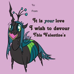Size: 6000x6000 | Tagged: safe, artist:solarwolf95, queen chrysalis, changeling, g4, >:3, absurd resolution, changeling overfeeding, fat, female, mouth hold, nose wrinkle, pointy ponies, purple background, queen chrysalard, simple background, solo, valentine, valentine's day, valentine's day card