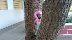 Size: 3840x2160 | Tagged: safe, artist:hero1290, fluttershy, equestria girls, g4, boots, clothes, cute, doll, equestria girls minis, eqventures of the minis, high heel boots, high res, irl, photo, shy, skirt, socks, toy, tree