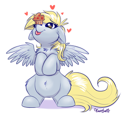 Size: 1638x1491 | Tagged: safe, artist:confetticakez, derpy hooves, pegasus, pony, balancing, chest fluff, cute, derpabetes, female, floating heart, floppy ears, fluffy, food, heart, hnnng, muffin, ponies balancing stuff on their nose, pumkinroll is trying to murder us, simple background, smiling, solo, spread wings, tongue out, weapons-grade cute, white background