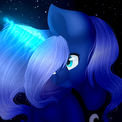 Size: 3200x3200 | Tagged: safe, artist:britishskies, artist:prettyshinegp, princess luna, pony, g4, collaboration, female, glowing horn, high res, horn, lineless, solo, stars
