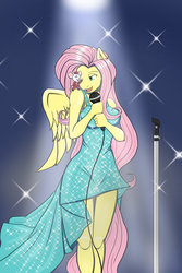Size: 1024x1536 | Tagged: safe, artist:nwinter3, fluttershy, mouse, pegasus, anthro, g4, clothes, crossover, dress, female, microphone, sing (movie), solo