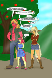 Size: 1024x1536 | Tagged: safe, artist:nwinter3, apple bloom, applejack, big macintosh, earth pony, anthro, g4, abs, apple siblings, apple tree, boots, breasts, busty applejack, cleavage, clothes, cowboy boots, crossed arms, daisy dukes, dress, female, hand on head, jeans, male, movie reference, open clothes, pants, shirt, shoes, shorts, the lion king