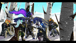 Size: 900x506 | Tagged: safe, artist:eztp, bon bon, lyra heartstrings, princess luna, sunburst, sweetie drops, oc, anthro, unguligrade anthro, g4, armor, clothes, commission, kneeling, letterboxing, snow, snowfall, sword, text, weapon, widescreen