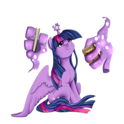 Size: 1024x1024 | Tagged: safe, artist:crecious, twilight sparkle, alicorn, pony, g4, book, chest fluff, female, hand, magic, magic hands, simple background, sitting, smiling, solo, spread wings, transparent background, twilight sparkle (alicorn)