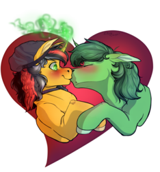 Size: 3000x3209 | Tagged: safe, artist:envyshinyhunter, oc, oc only, oc:envyshinyhunter, oc:squishy slime, pony, unicorn, blushing, colored pupils, female, heart, high res, kissing, male, mare, simple background, stallion, straight, transparent background